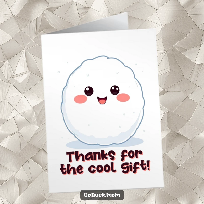 Funny Free Printable Thank You Card: Kawaii snowball character smiling, mid-throw, launching a heart-shaped thank you note.