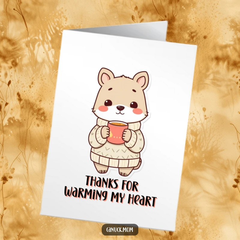 Funny Free Printable Thank You Card: Animal in cozy sweater shares a warm drink, expressing thanks with a snug, heartfelt, and humorous touch.