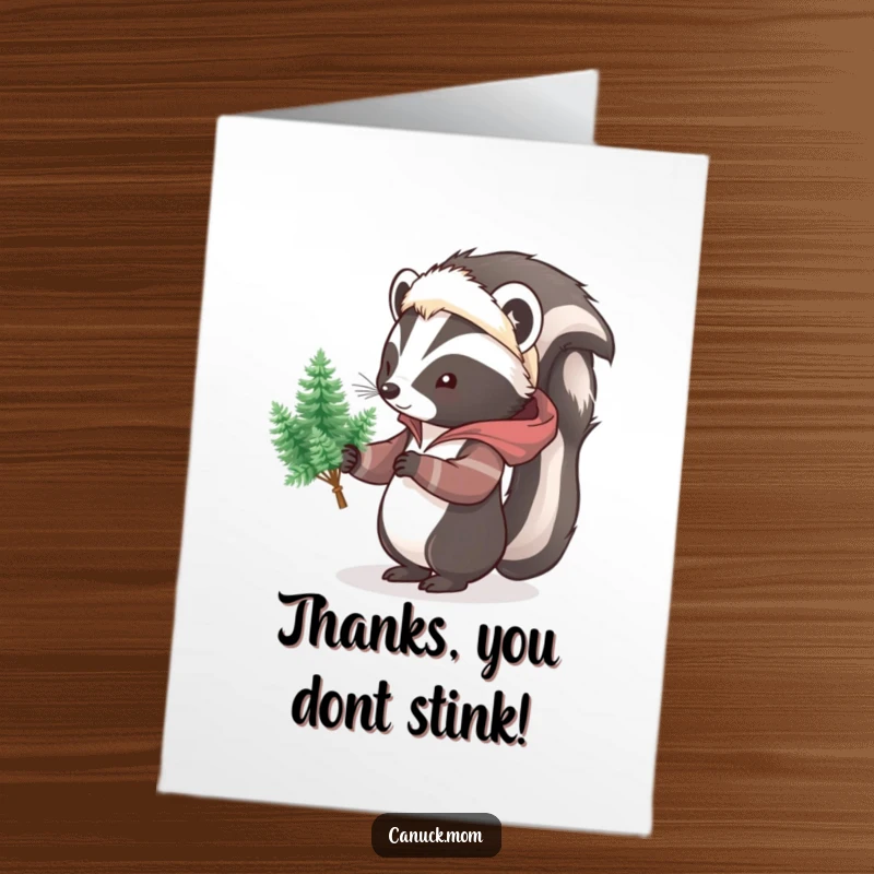 Funny free printable thank you card featuring a skunk in a parka, presenting a delightful bouquet of tiny pine trees.