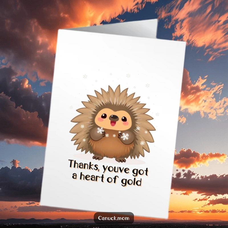Funny Free Printable Porcupine Thank You Card: A porcupine smiles, presenting its collection of delicate snowflakes.