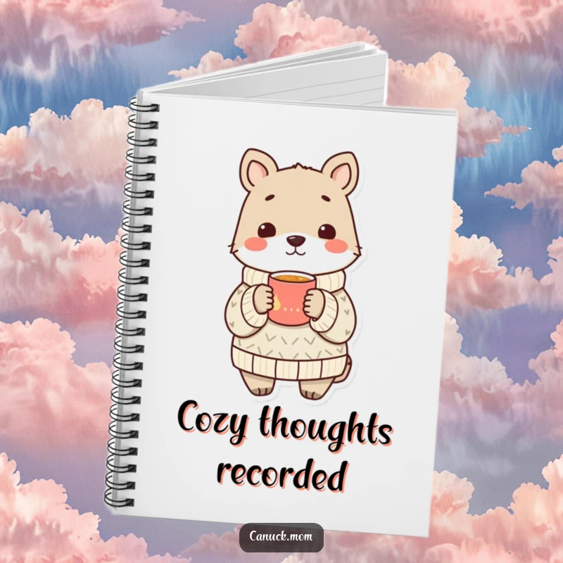 Funny animal wearing a cozy sweater shares a warm drink, a humorous notebook for cozy notes.