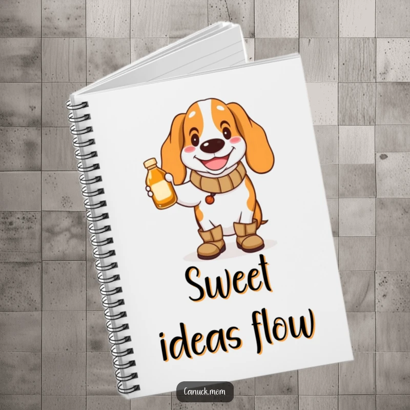 Funny Basset Hound Notebook: A happy dog in boots holds maple syrup, ready for your notes.