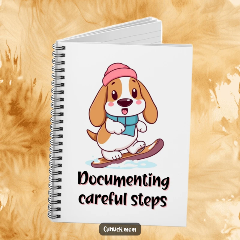 Funny Basset Hound stepping with a snowshoe, featured on the cover of this humorous notebook.
