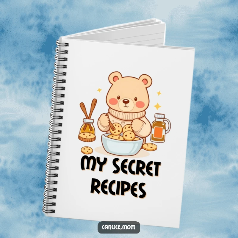 Funny bear in a cozy sweater baking maple syrup cookies on a notebook, encouraging sweet thoughts and recipe keeping.