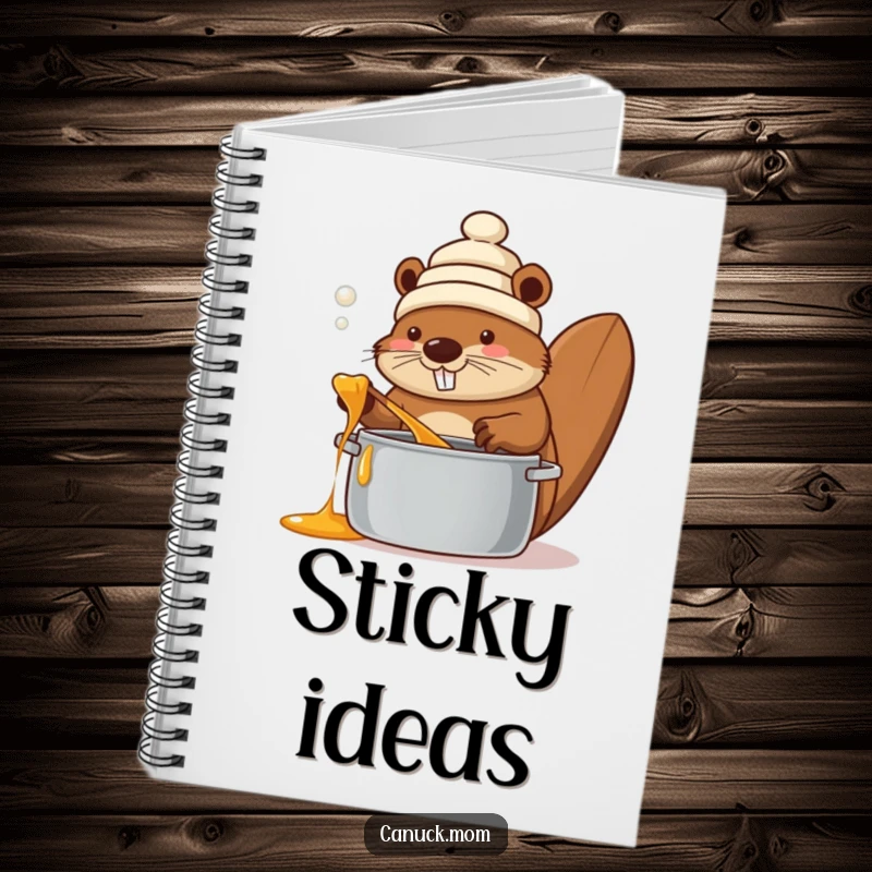 Funny beaver wearing a toque, stirring a pot of maple syrup, on a notebook cover, inspiring sweet thoughts and creative notes.