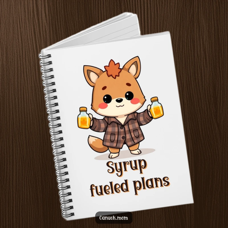 Funny Canadian animal wearing flannel shirt, juggling maple syrup bottles, a humorous notebook for notes and ideas.
