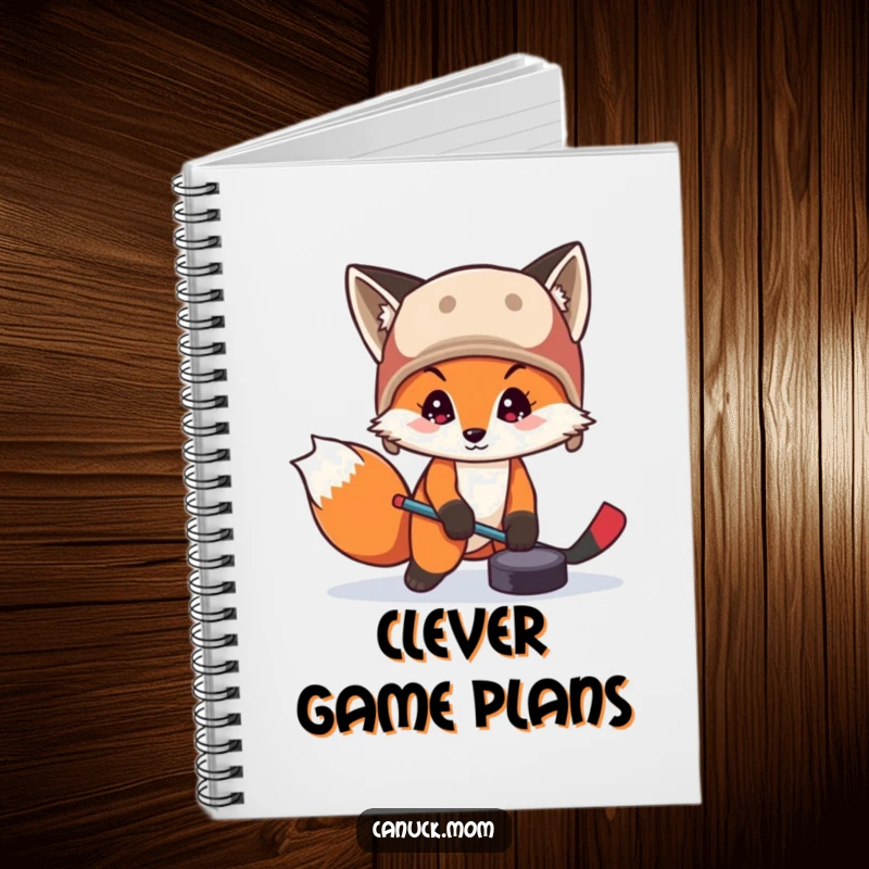 Funny fox in a trapper hat playing hockey with a puck on a notebook cover, encouraging strategic thinking and playfulness.