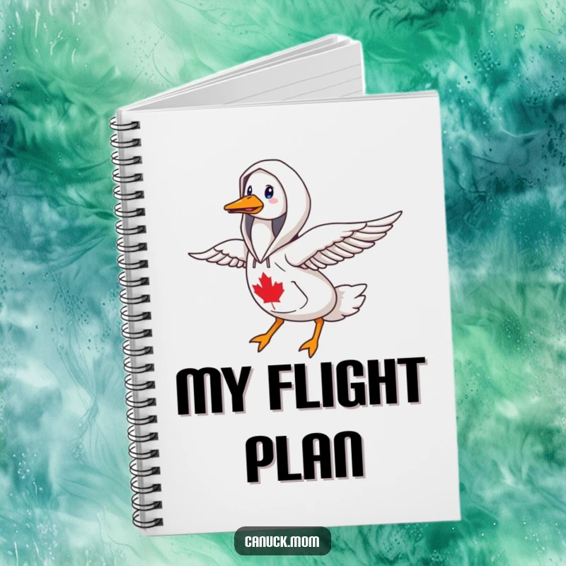 Funny goose wearing a Canadiana hoodie, flying north, on a notebook cover for adventurers.