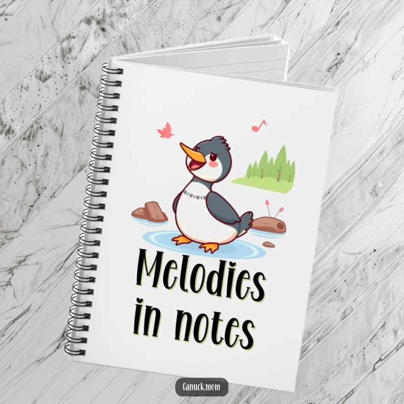 Funny Kawaii Loon Notebook: A cute Kawaii loon sings a cheerful tune by a lake, perfect for jotting down happy thoughts.