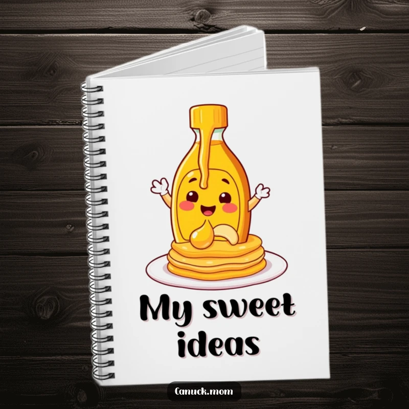 Funny maple syrup bottle character pouring syrup onto pancakes, featured on a notebook cover.