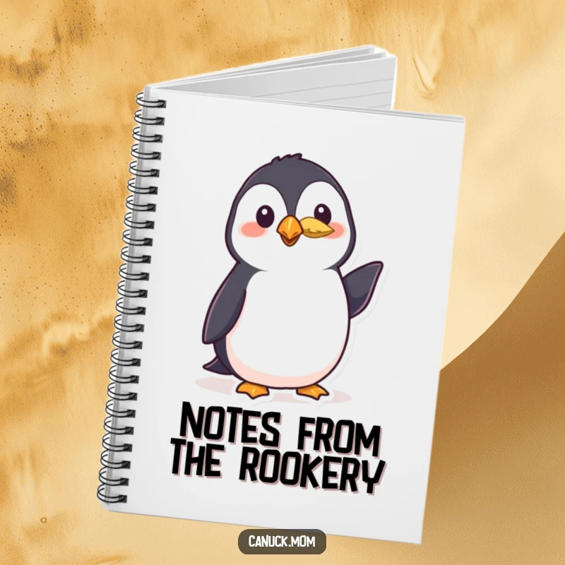 Funny puffin notebook with a polite bird wearing a small feather and giving a friendly nod, perfect for jotting down polite thoughts.