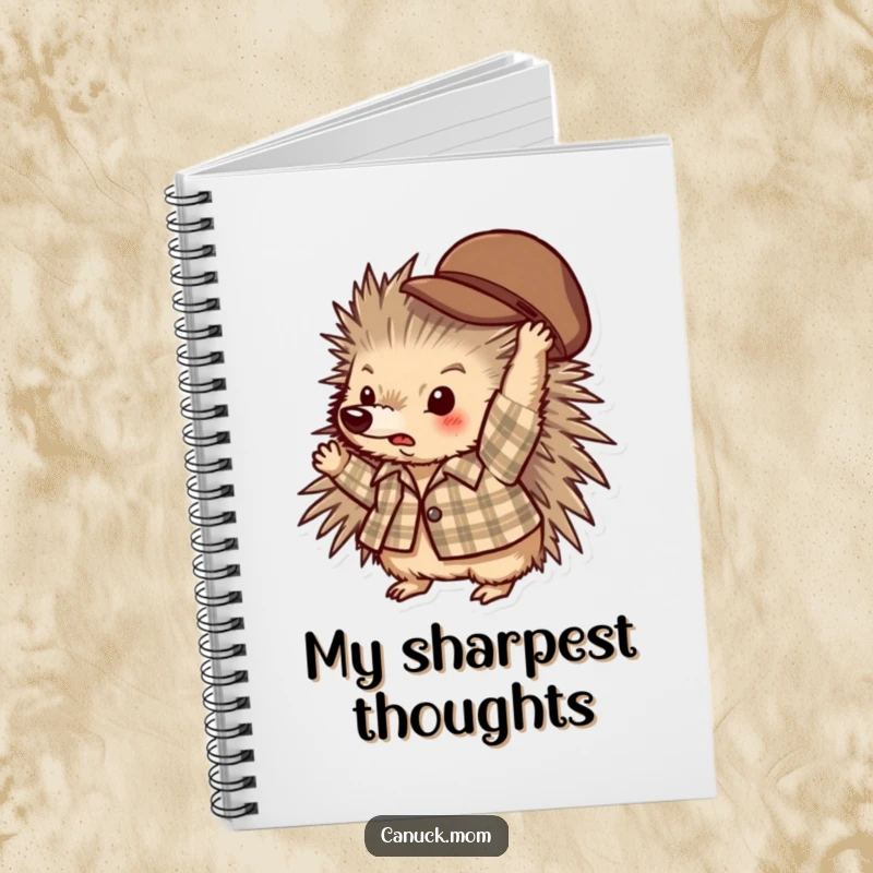 Funny porcupine wearing a plaid shirt, tossing a hat, practical notebook for writing.