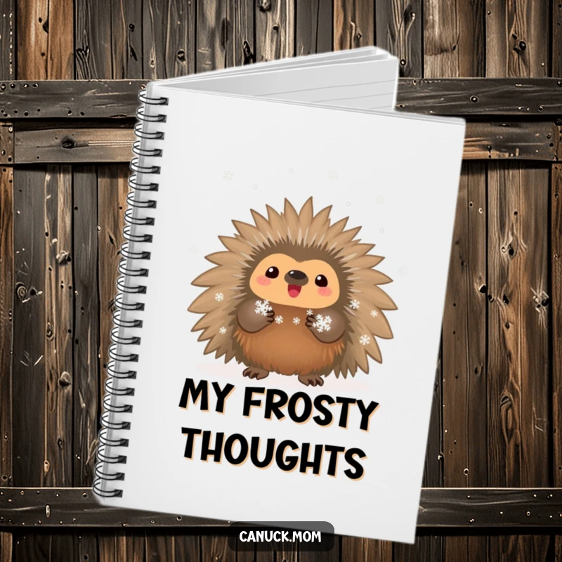 Funny proud porcupine showing off tiny snowflakes on a notebook, perfect for winter notes.