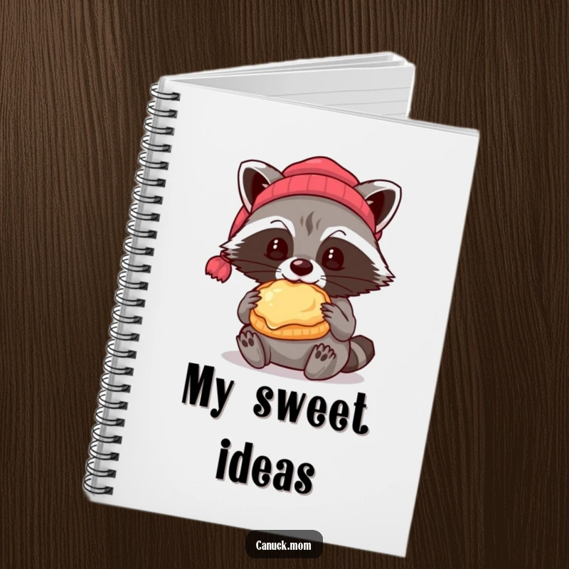 Funny raccoon wearing a beanie eating a butter tart, practical notebook for writing.
