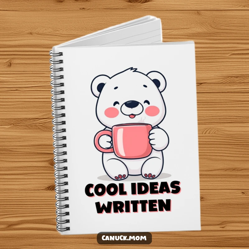 Happy Polar Bear Notebook, holding a steaming mug, perfect for jotting down warm winter thoughts.