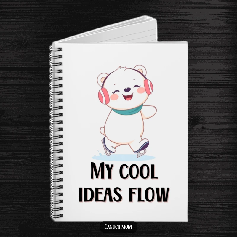 Funny polar bear wearing earmuffs giggling while ice skating, a delightful and humorous notebook cover.
