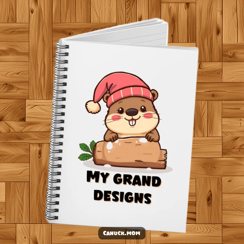 Funny beaver wearing a toque hat, chopping a festive log, ideal for notes, sketches, and holiday planning.