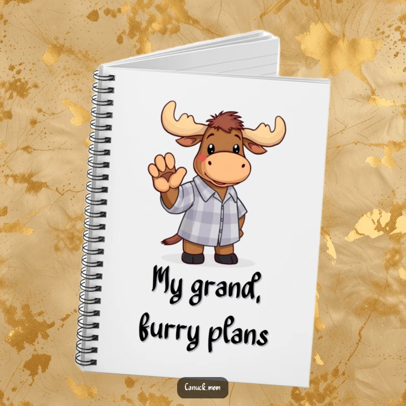 Funny moose in a checkered shirt waving, featured on a notebook cover, inspiring creative and humorous writing.