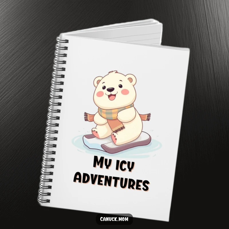 Funny kawaii baby polar bear wearing a scarf, sliding on ice, adorned on a notebook.