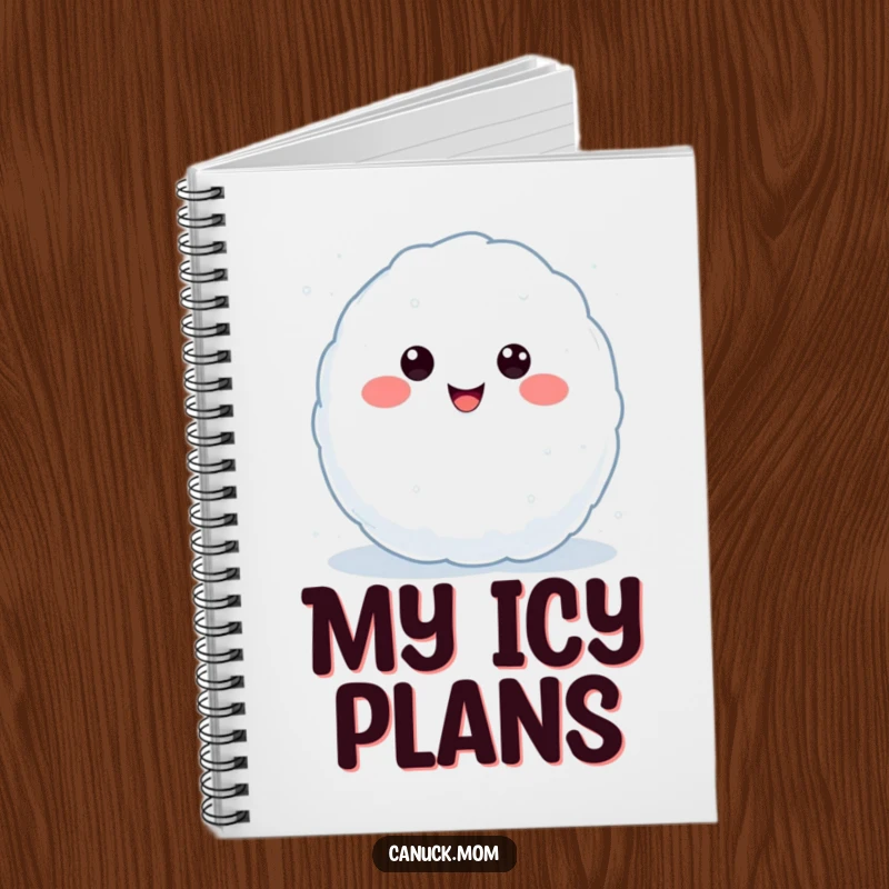 Funny Kawaii Snowball Notebook with a smiling snowball character, mid-throw, ideal for writing and a funny gift.