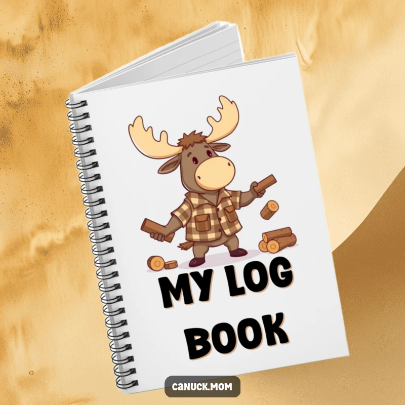 Funny Moose Lumberjack Notebook, featuring a cartoon moose wearing a flannel shirt, juggling logs, perfect for jotting down funny ideas.
