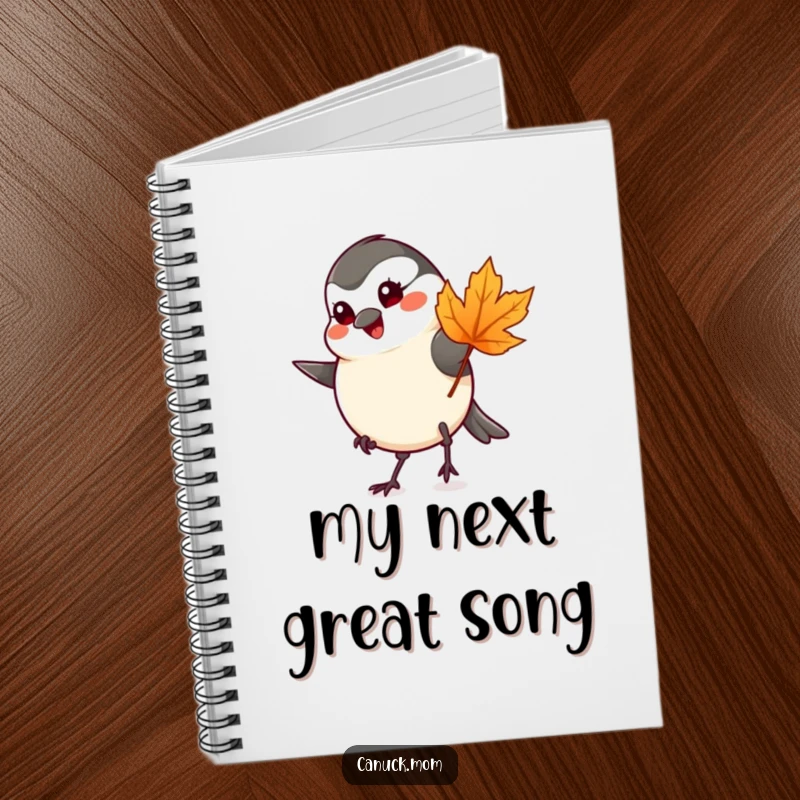 Funny chickadee tapping foot with a maple leaf, featured on a notebook for everyday use.
