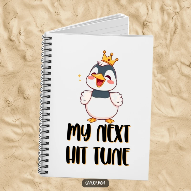 Funny Loon Notebook with a tiny crown, singing happily, ideal for capturing notes with a humorous and artistic touch.