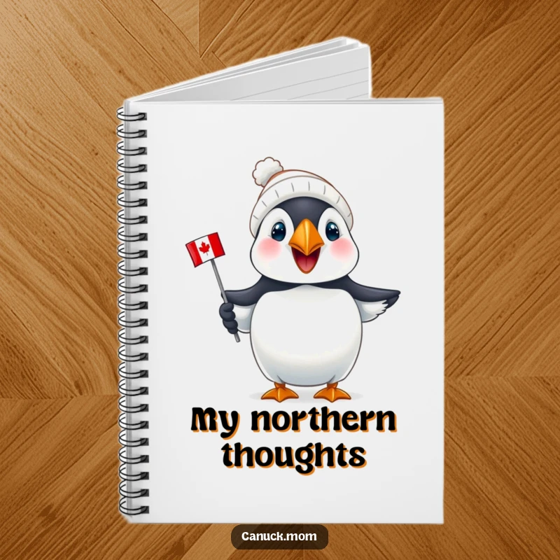 Funny Puffin Canada Notebook: A joyful puffin wearing a tiny toque holds a mini Canadian flag, ready for your notes.