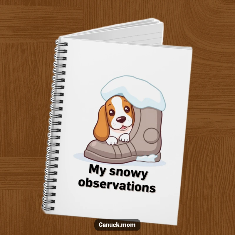 Funny Basset Hound notebook featuring a curious peek from behind a giant snowshoe, perfect for journaling winter adventures and thoughts.