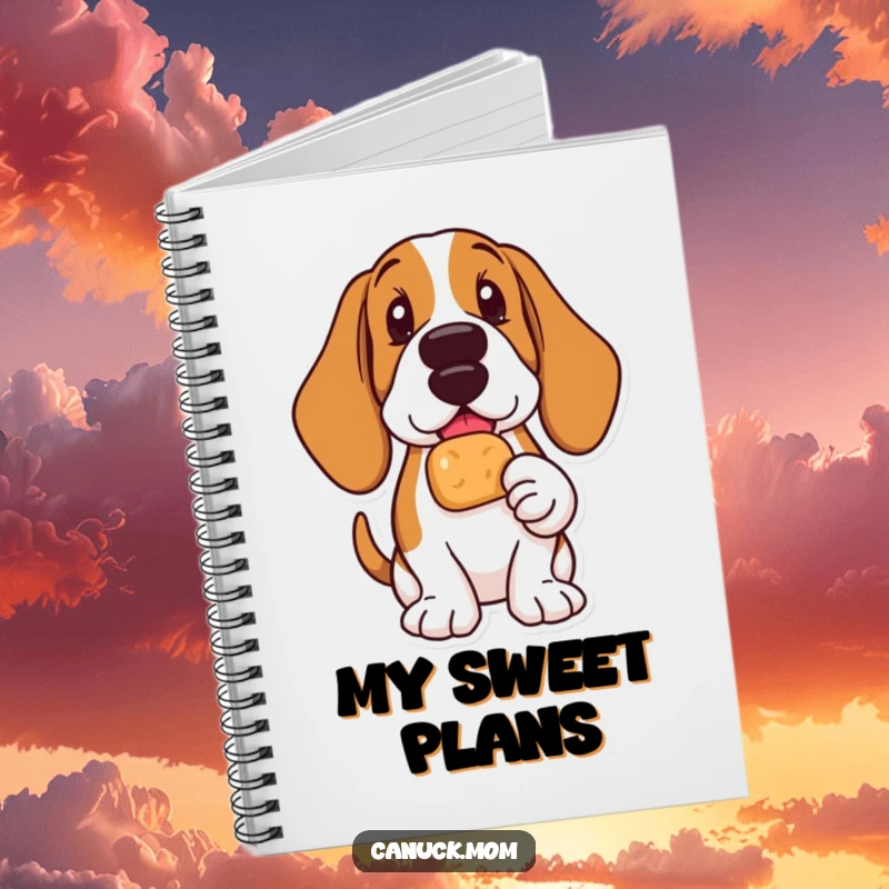 Funny Basset Hound notebook showing a delighted dog holding a Timbit, perfect for writing down happy thoughts.