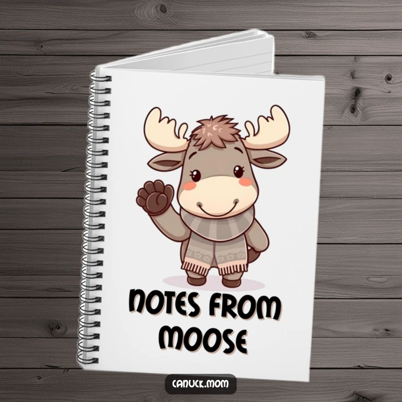 Funny moose wearing a scarf and waving, on a humorous winter-themed notebook.