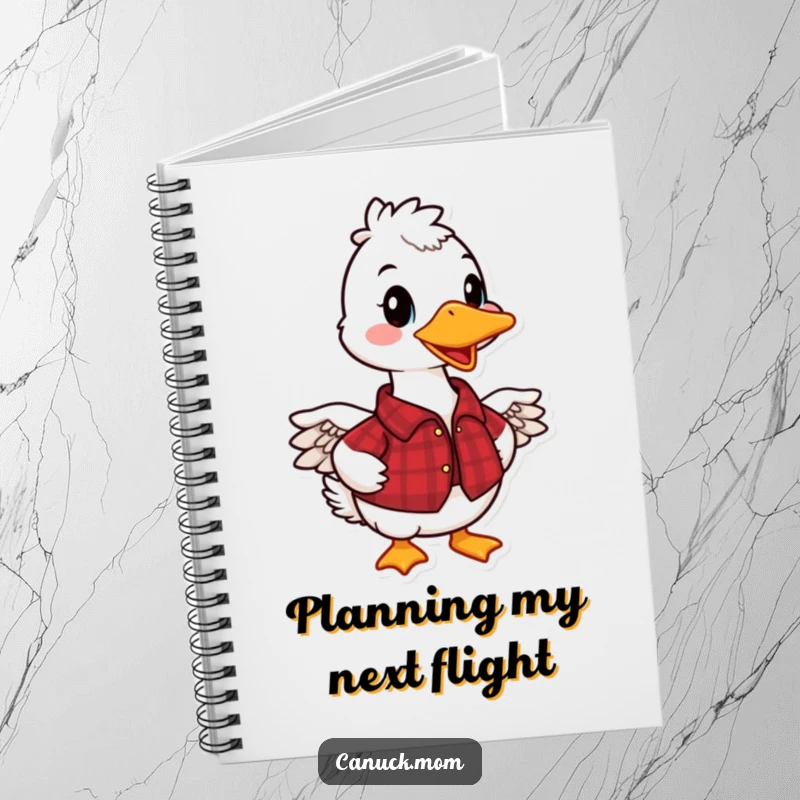 Funny Canadian Goose Notebook with a smiling goose in a red plaid shirt, ideal for writing and a funny gift.