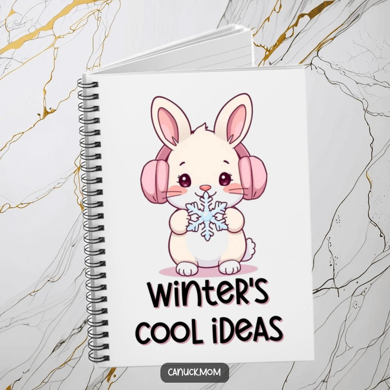 Funny rabbit wearing ear muffs holding a snowflake, cute notebook for writing and drawing.