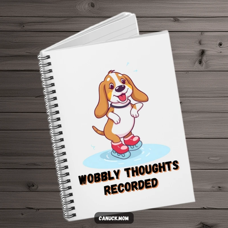 Funny Basset Hound Notebook with a dog hilariously wobbling on ice skates, perfect for writing and doodling.