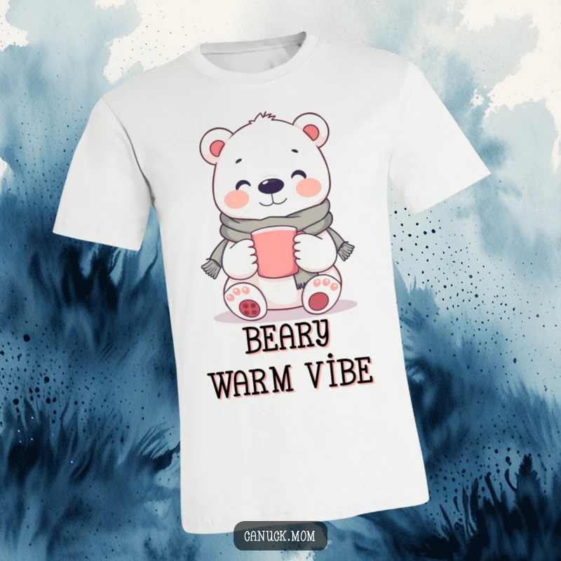 Funny Polar Bear T-Shirt: A cheerful polar bear in a scarf smiles warmly, holding a mug, perfect for casual fun.