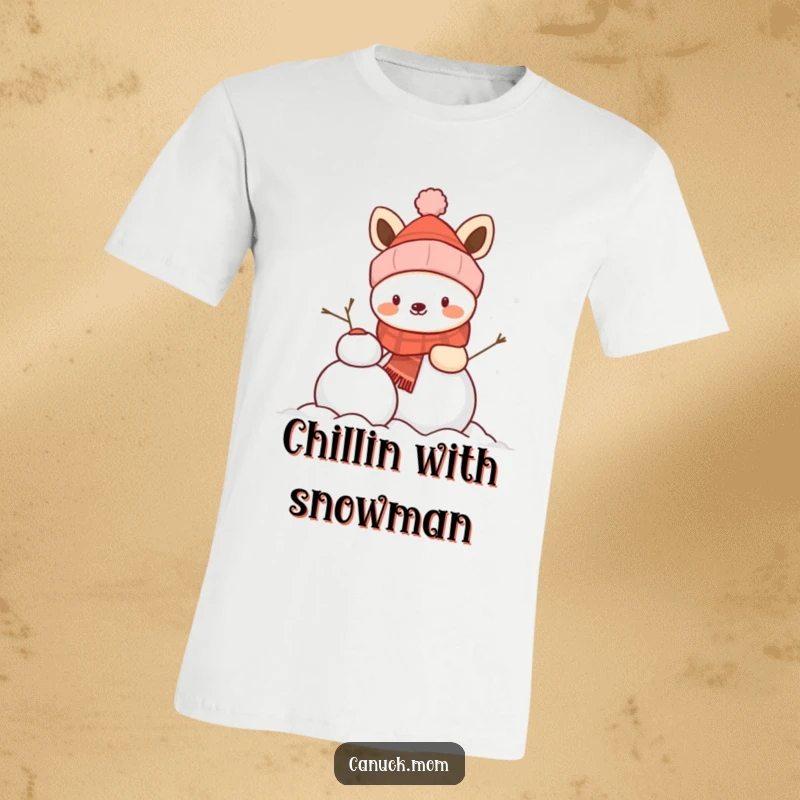 Funny animal in a winter hat constructing a snowman with glee, a humorous tee for winter enthusiasts.