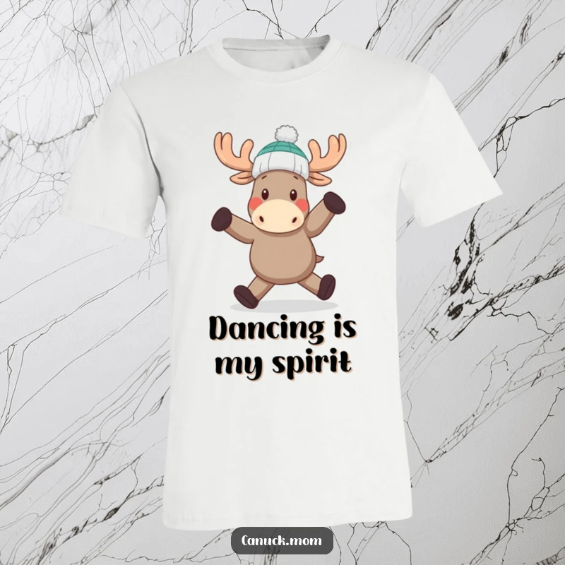 Funny Moose Dance T-Shirt: A joyful moose wearing a toque, energetically dancing, radiating pure fun and humor.