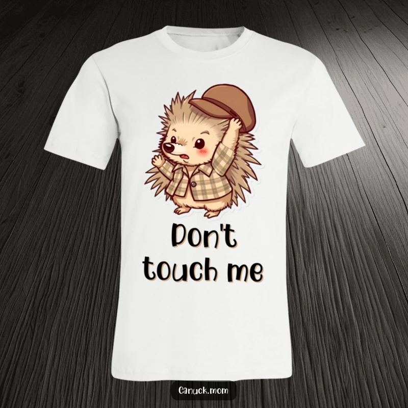 Funny porcupine wearing a plaid shirt, tossing a hat in a playful manner, fun t-shirt.
