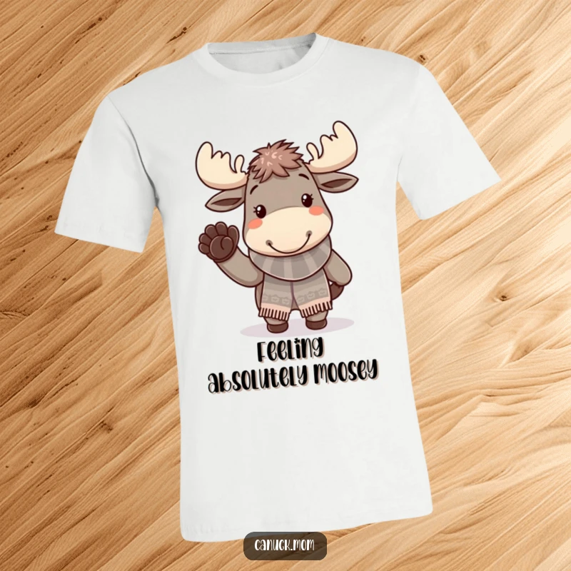 Funny moose character in a knitted scarf waving a paw, on a cheerful t-shirt.