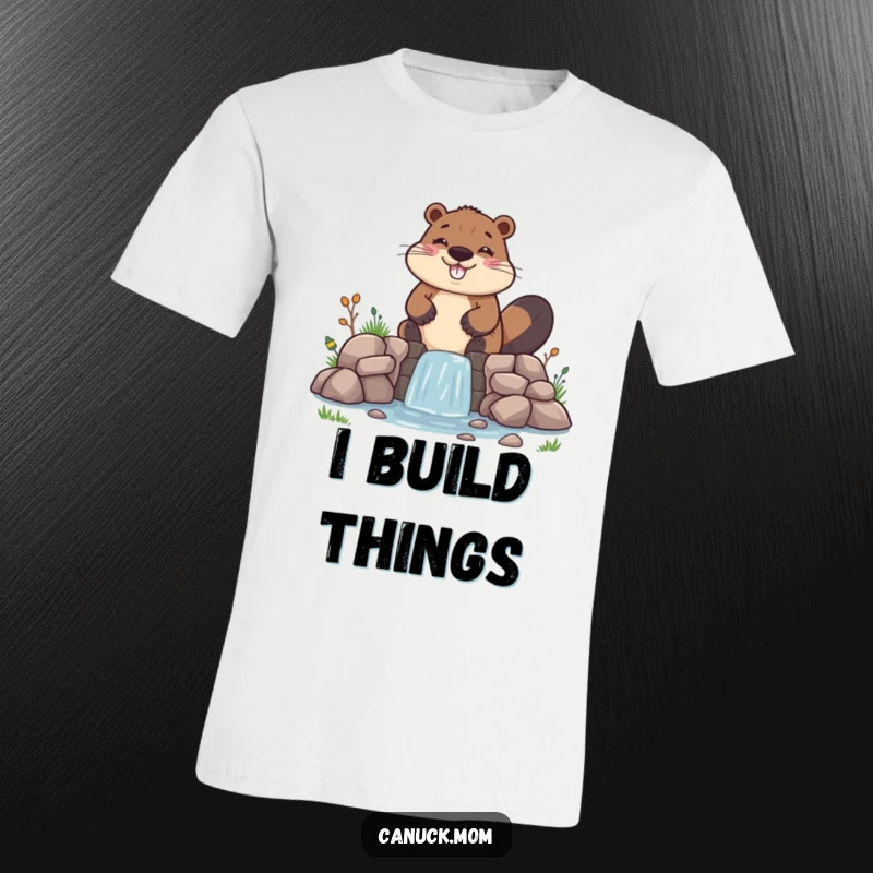 Funny Beaver T-Shirt, depicting a cheerful character building a tiny, uneven dam, perfect for humorous occasions.
