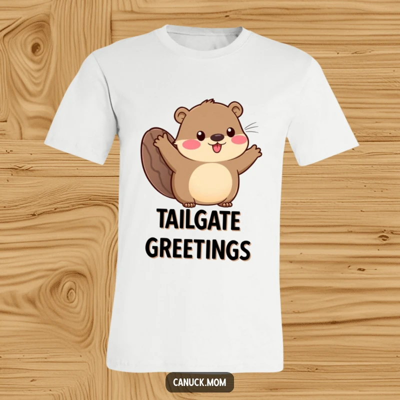 Funny t-shirt with an animal character sporting a beaver tail, waving with great enthusiasm and a big, friendly smile.