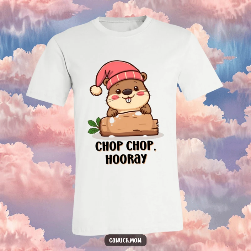 Funny beaver wearing a toque hat, chopping a festive log with a smile, perfect for Canadian holiday cheer.