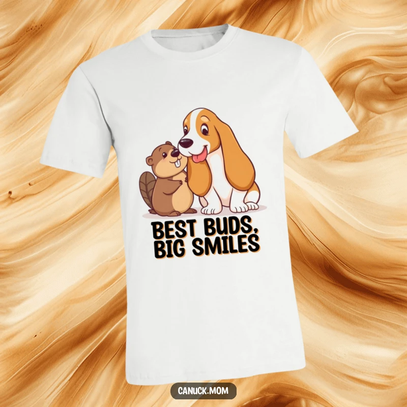 Funny Dog and Beaver T-Shirt: A Basset Hound and a Beaver exchange a playful, knowing glance, hinting at shared secrets.