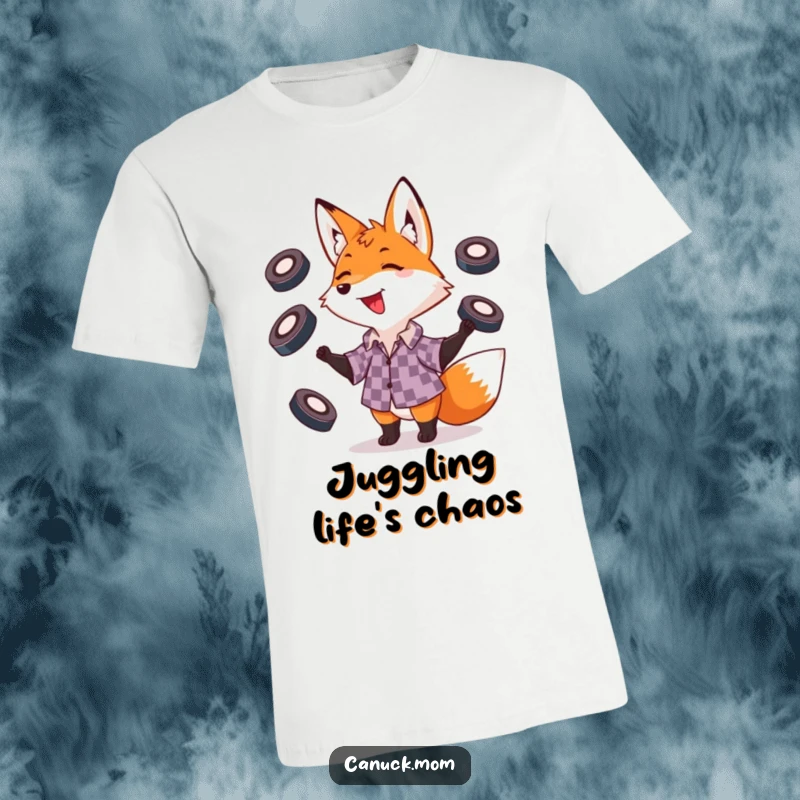 Funny fox in a checkered shirt expertly juggling hockey pucks, showcasing agility and a playful competitive spirit.
