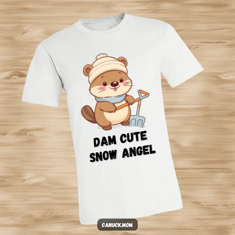 Funny Kawaii Beaver T-Shirt: A lovable beaver wearing a toque, diligently shoveling snow with a tiny shovel.
