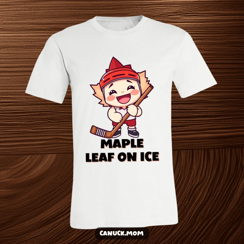 Funny maple leaf character holding a hockey stick with a huge grin, embodying pure hockey joy.