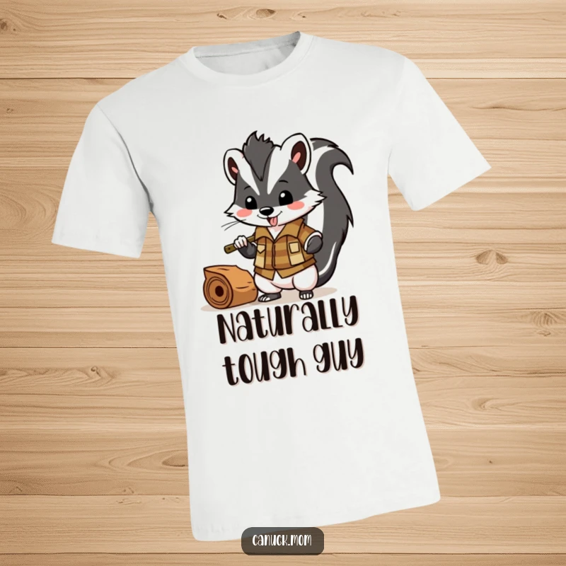 Funny skunk wearing a lumberjack shirt, chopping wood with an axe, outdoorsy t-shirt.