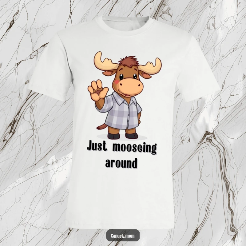 Funny moose wearing a checkered shirt, waving a paw with a cheerful expression on a t-shirt, perfect for humor lovers.