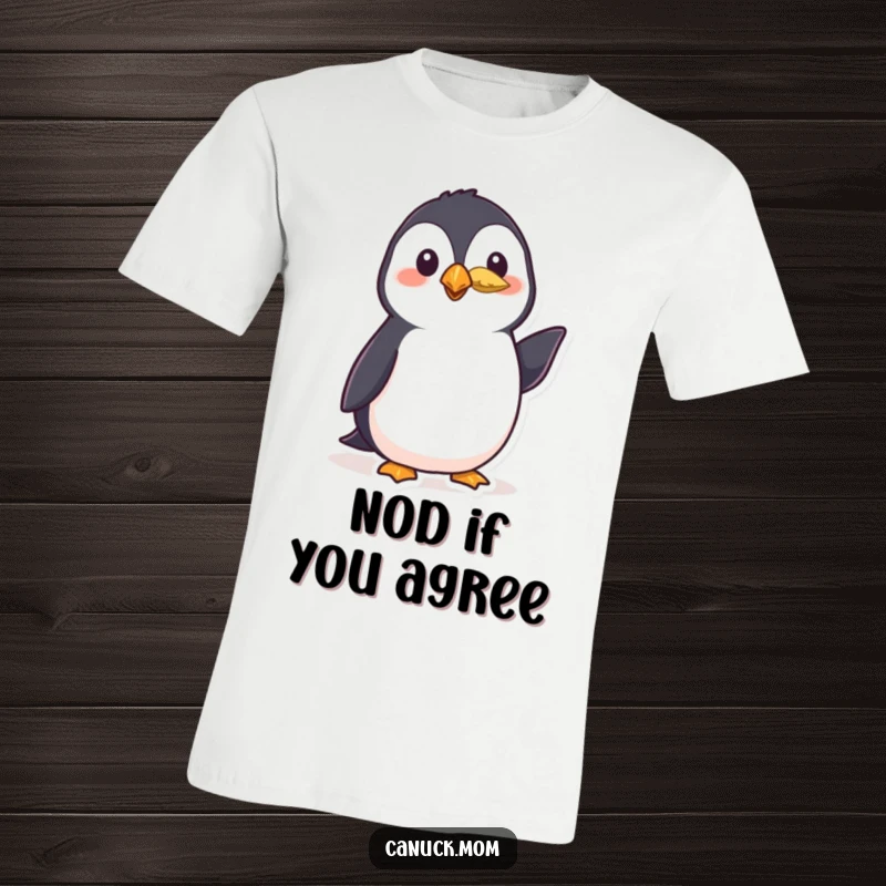 Funny puffin t-shirt featuring a polite bird wearing a small feather and giving a friendly nod, perfect for bird lovers.