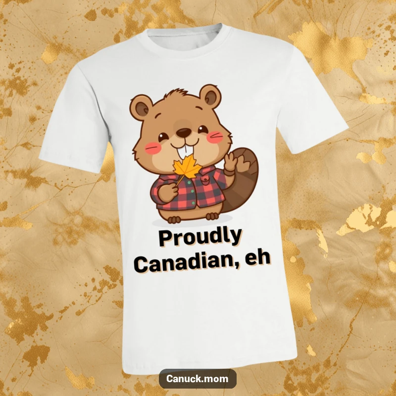 Funny beaver t-shirt depicting a smiling beaver in a flannel shirt, holding a tiny maple leaf, exuding friendly wilderness vibes.